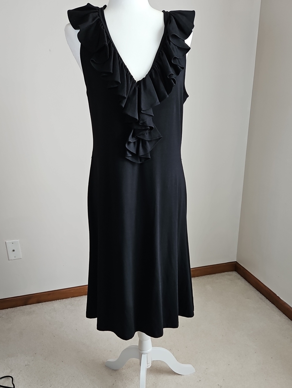 Lauren Ralph Lauren Midi Dress Ruffle Neck Black Sleeveless Cocktail Event LG